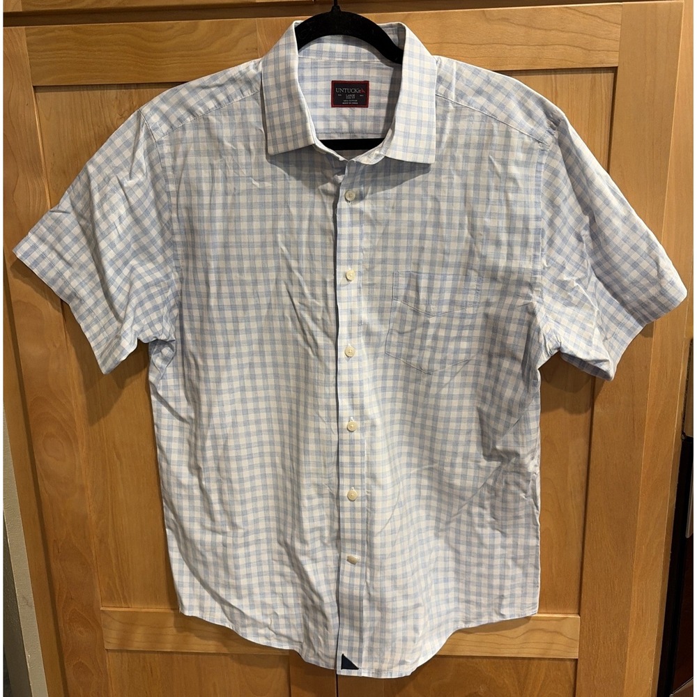 UNTUCKit Cotton Shirt Sz Large Slim Cut  Blue White Check Short Sleeve Button Up